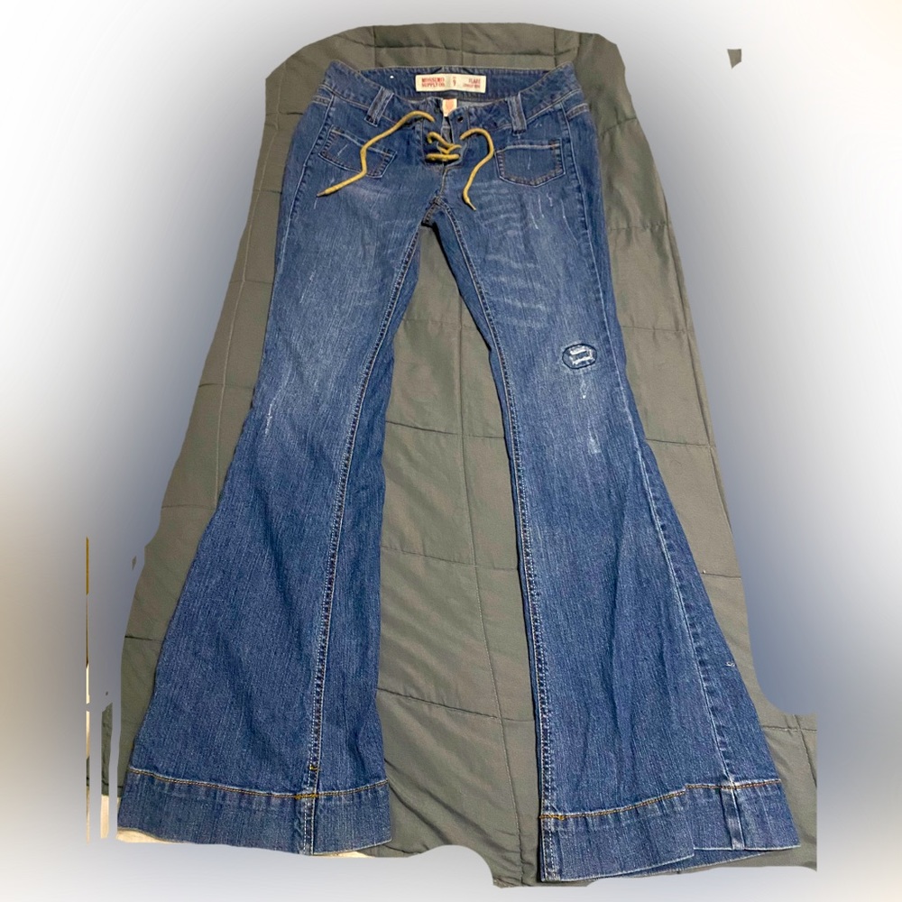 Mission Supply Flare Peace Sign Pocket Lace Up Jeans Size 9
